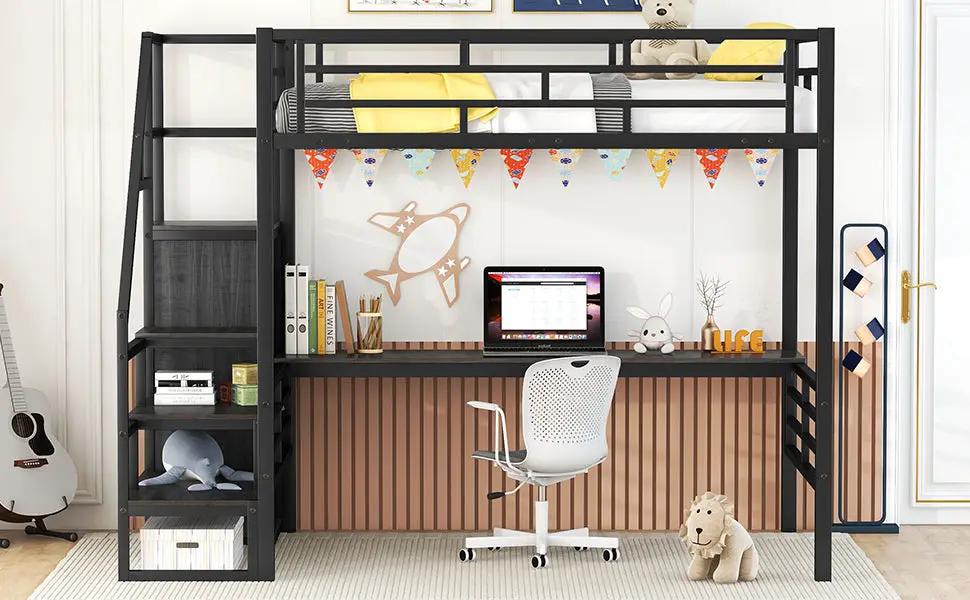 Full-size metal loft bed with integrated wardrobe and desk, black frame on Tampa Home & Garden Store