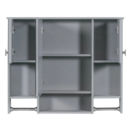 Wall mounted medicine cabinet with mirror in gray finish, opens to reveal interior shelves and towel bar on Tampa Home & Garden Store