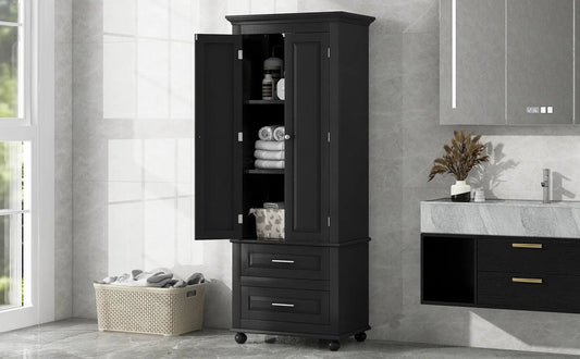 Tall black storage cabinet on casters with two drawers and doors revealing towels and bottles on Tampa Home & Garden Store