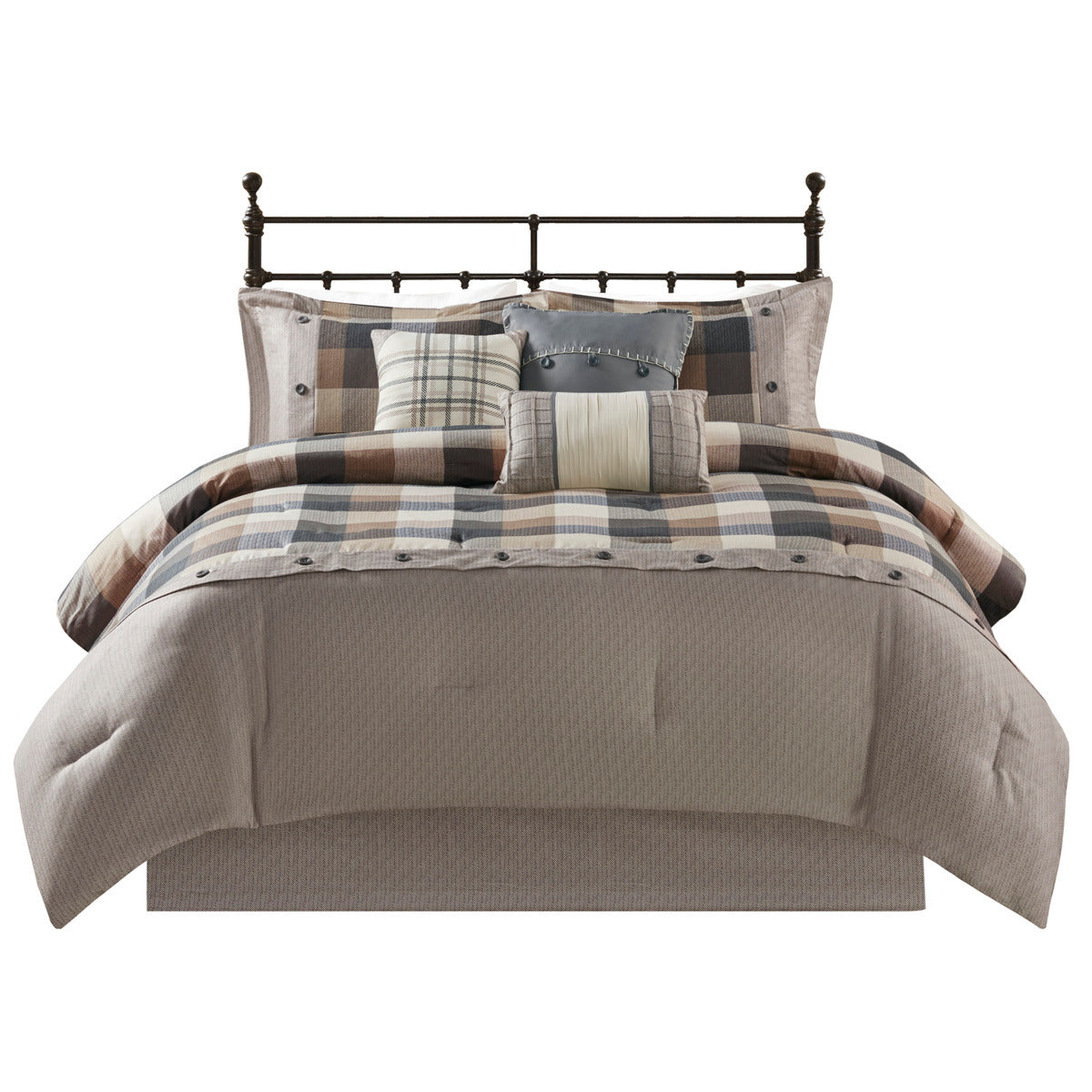 7 Piece Herringbone Comforter Set Neutral California King by HouseOfZazla on a taupe bed with plaid accents on Tampa Home & Garden Store