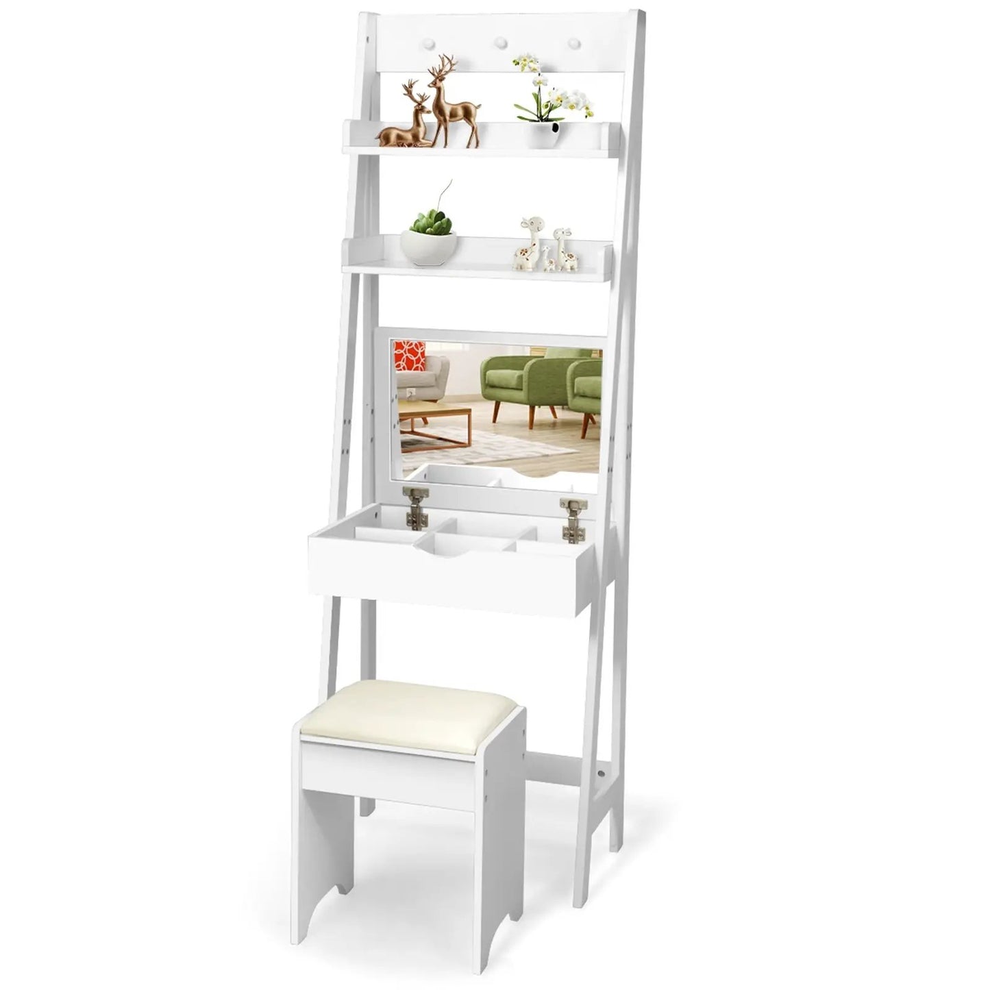 3-in-1 vanity shelf with mirror, white wood finish, tall freestanding unit DirectDeals on Tampa Home & Garden Store