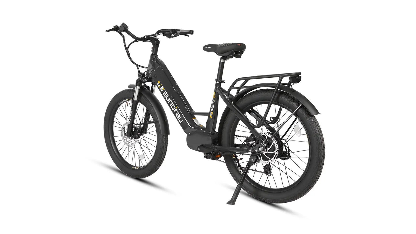 META26 1.0 electric bicycle by EUNORAU E-BIKE US, black step-through e-bike with fat tires, front suspension and rear rack on Tampa Home & Garden Store