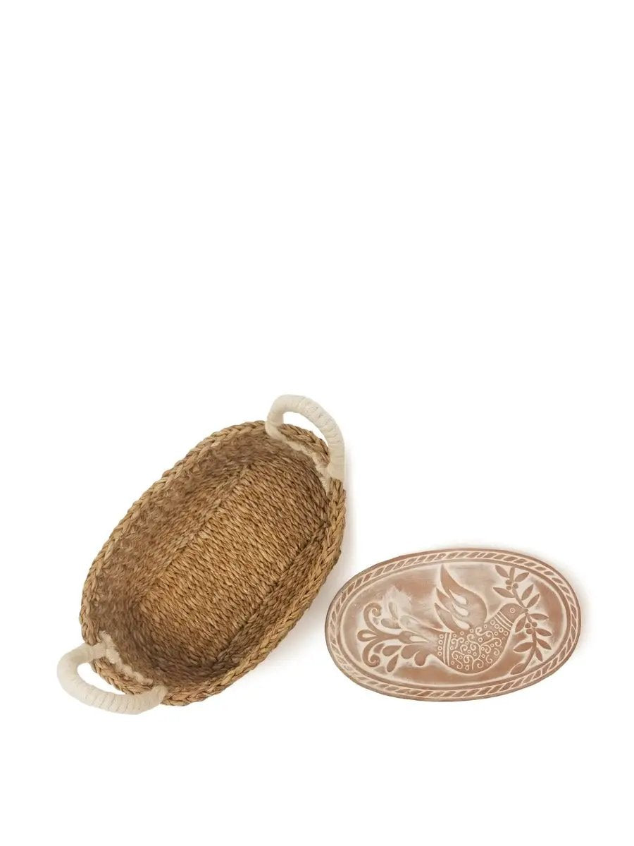 Bread Warmer and Basket Bird Oval Design by KORISSA natural wicker basket with handles and plate on Tampa Home & Garden Store
