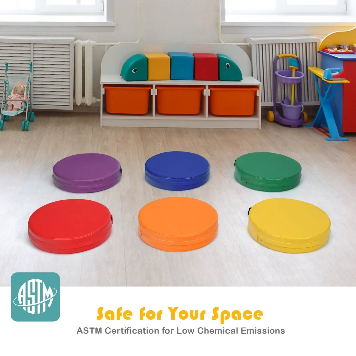 Six colorful 15 inch round toddler floor cushions in purple blue green yellow orange red on Tampa Home & Garden Store
