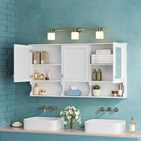 White wall-mounted medicine cabinet with adjustable shelf and open shelves above vanity on Tampa Home & Garden Store