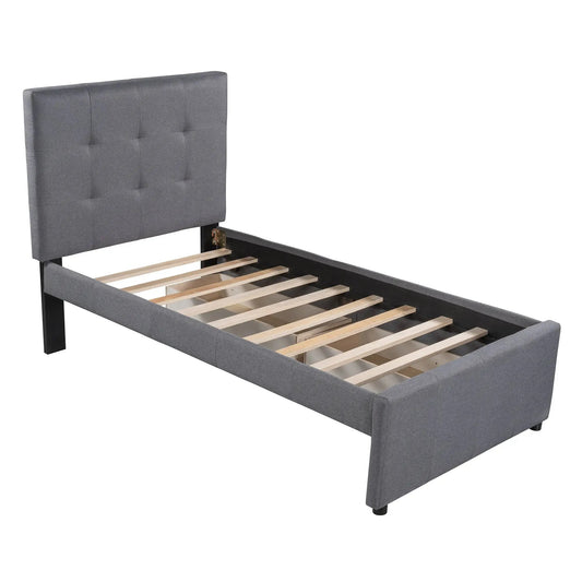 Twin linen upholstered platform bed with tufted gray headboard and slatted frame on Tampa Home & Garden Store