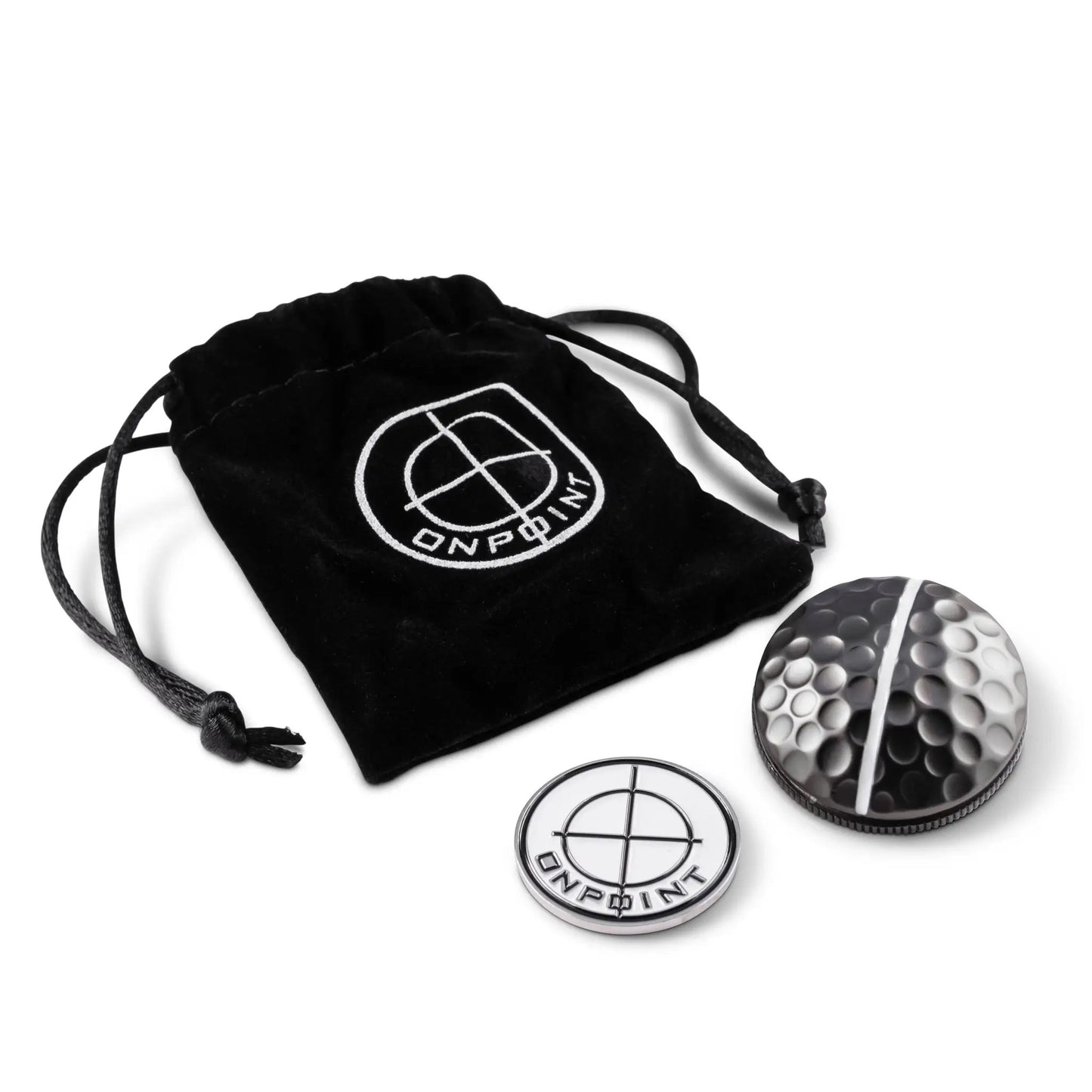 Two OnPointGolf ball markers with grid logo beside a black drawstring pouch on Tampa Home & Garden Store