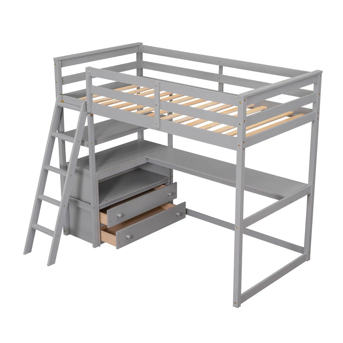 Lit mezzanine une place avec bureau et étagères, deux tiroirs intégrés, gris