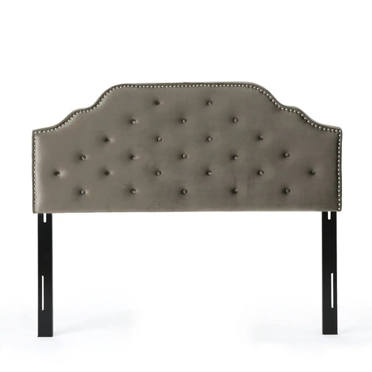 Luella Button Tufted Upholstered Headboard in gray fabric with nailhead trim by HouseOfZazla on Tampa Home & Garden Store