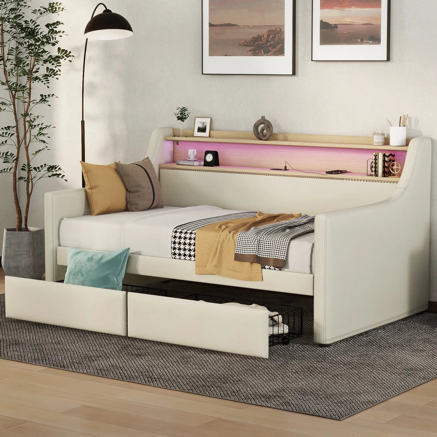 Twin size daybed in beige PU with storage drawers and LED lighting by VIP Digital Presence on Tampa Home & Garden Store