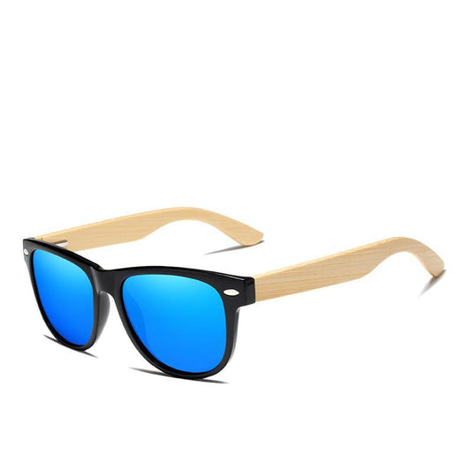 Sunglasses Stevvex bamboo wooden with black frame and blue mirrored lenses UV400 eyewear on Tampa Home & Garden Store