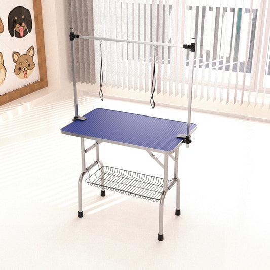 Pet grooming table blue with adjustable arm and clamps, sturdy metal frame and lower shelf on Tampa Home & Garden Store