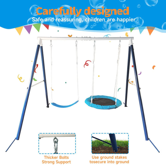 Kids metal swing set for backyard playground with blue frame and a round blue ring seat on Tampa Home & Garden Store