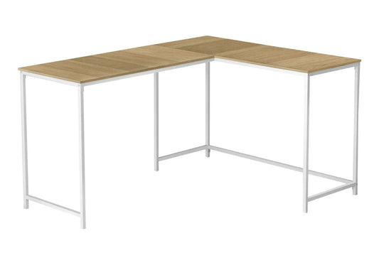 L-shaped corner desk for home office with white metal frame and light wood top on Tampa Home & Garden Store