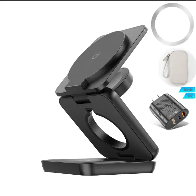 Chargeur sans fil trois-en-un pliable magnétique, pour téléphone Apple, support de téléphone de bureau