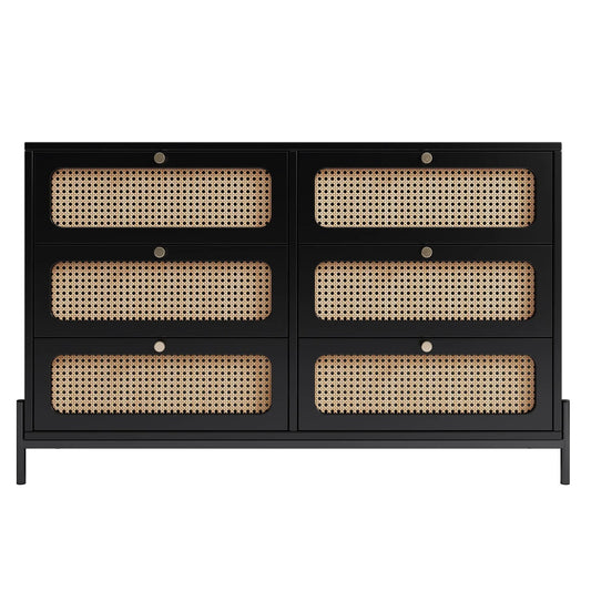 Modern black six-drawer dresser with natural cane-woven drawer fronts on Tampa Home & Garden Store