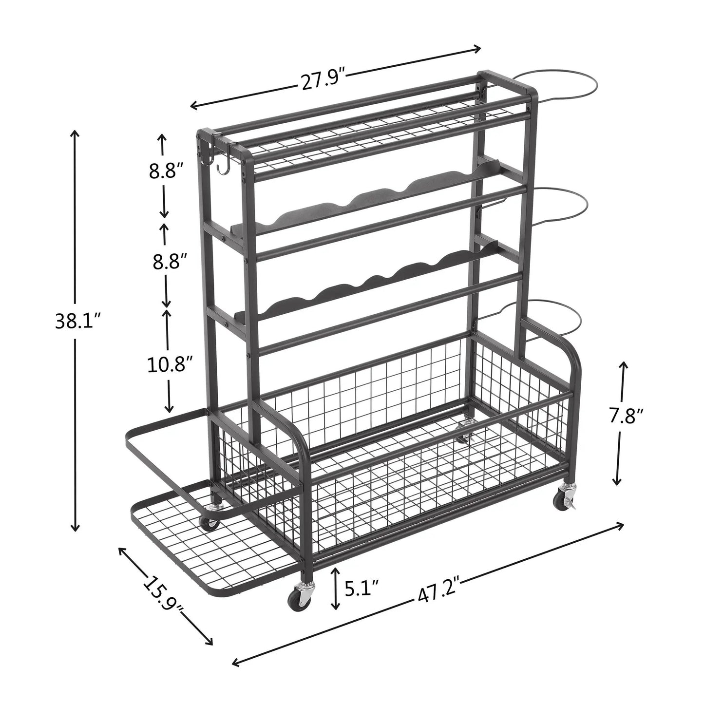 Four-tier metal storage rack with wheels, black frame, wire shelves on Tampa Home & Garden Store