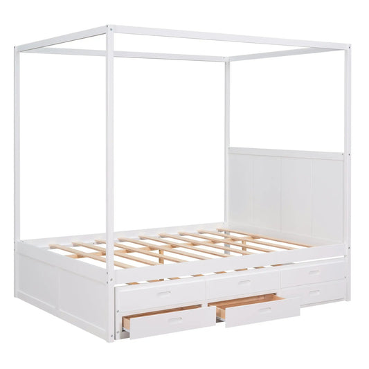 Queen size white canopy platform bed frame with built-in storage drawers and slatted base on Tampa Home & Garden Store