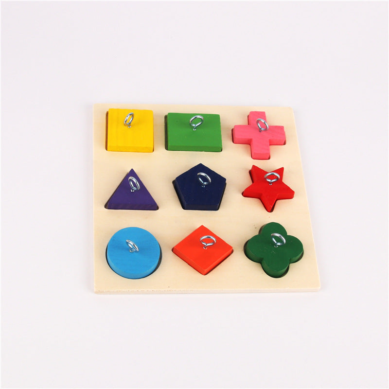 Parrot training toy with 9 colorful wooden blocks on a light wood board on Tampa Home & Garden Store