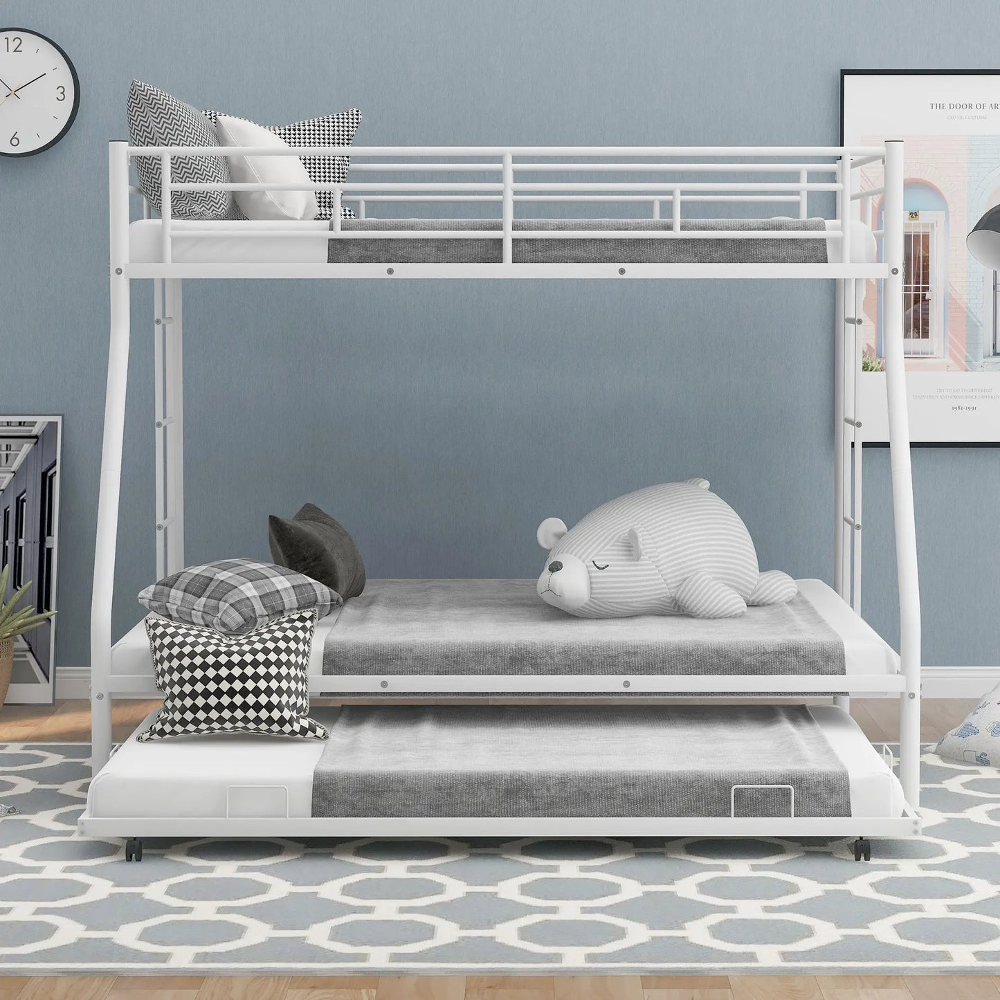 Twin Over Full Bunk Bed Trundle and Ladders White