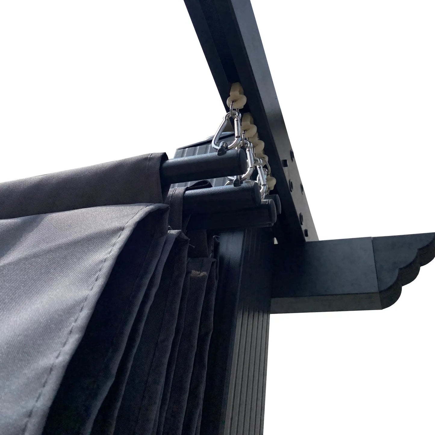10x10 ft outdoor retractable pergola canopy gray fabric, black metal frame and hardware on Tampa Home & Garden Store