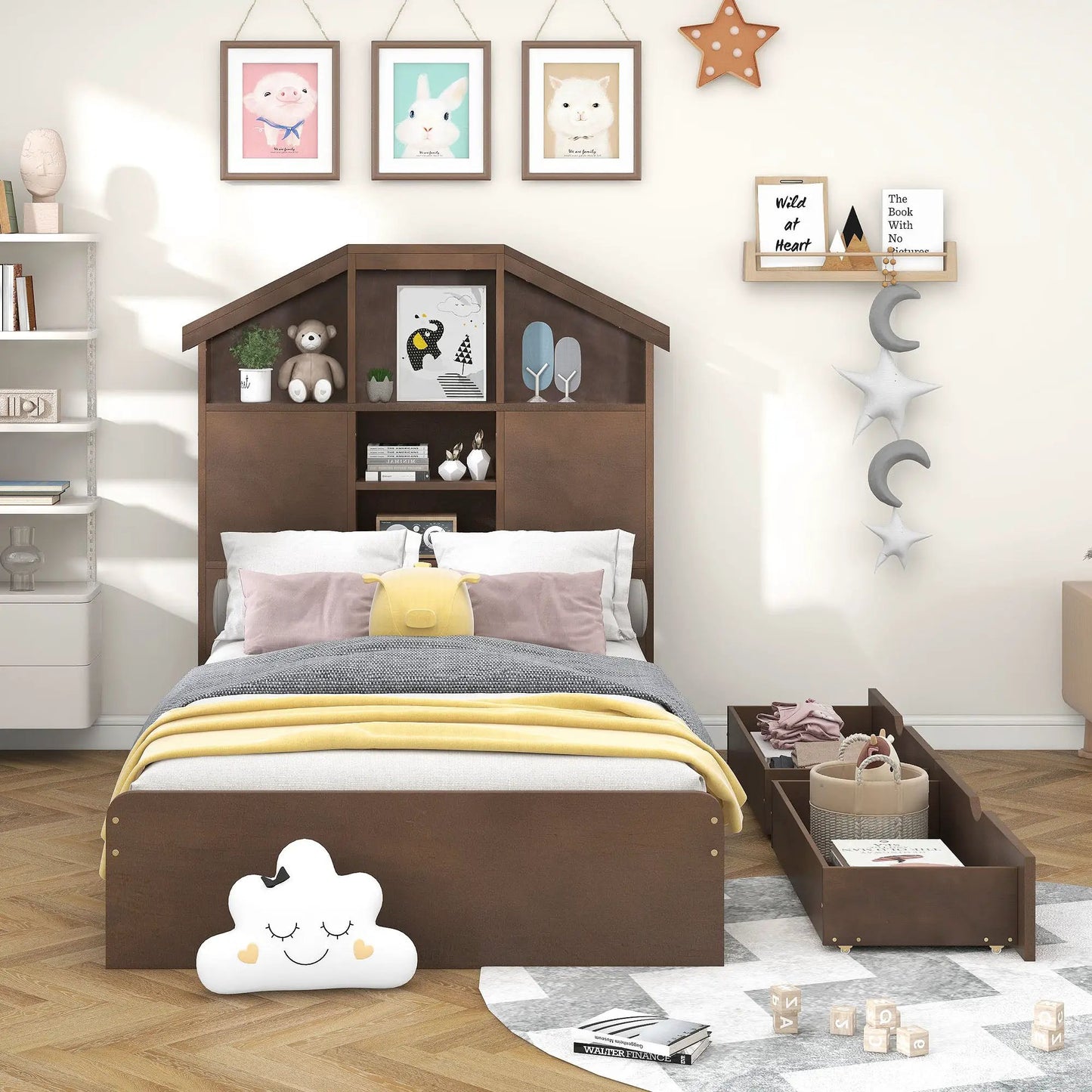 Twin Wood Bed with Storage Headboard Walnut built-in cubbies on Tampa Home & Garden Store