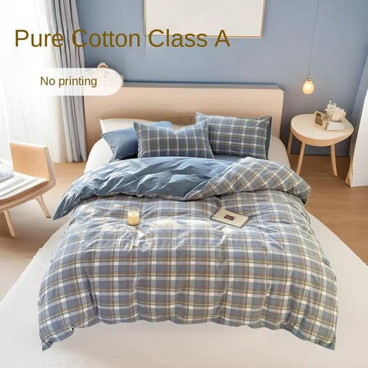 Cotton Dyed Washed Bedding Stripe Quilt Cover blue plaid set on bed with solid blue duvet on Tampa Home & Garden Store