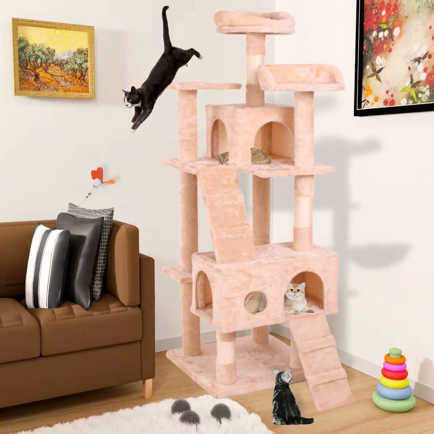 Cat Climbing Frame Creamy White Velvet multi-level with ramp and cubbies, cats nearby on Tampa Home & Garden Store