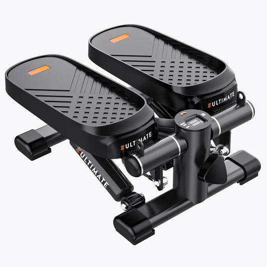 Black dual-pedal aerobic stepper with LCD monitor and orange accents, Ultimate branding on Tampa Home & Garden Store