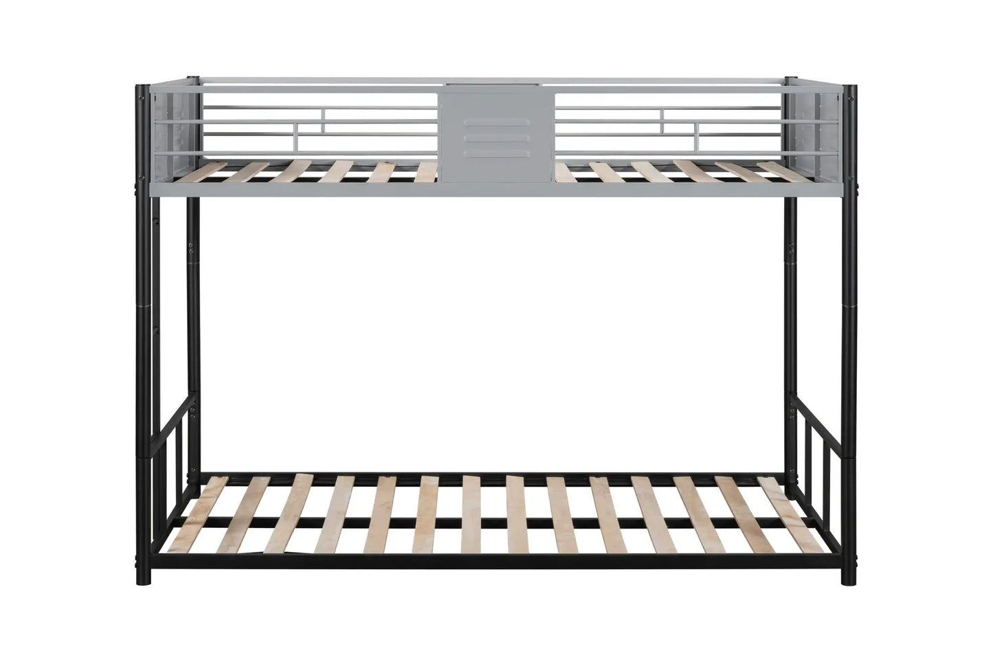 Metal twin over twin bunk bed with vent board, grey frame, black legs, wood slat bases on Tampa Home & Garden Store