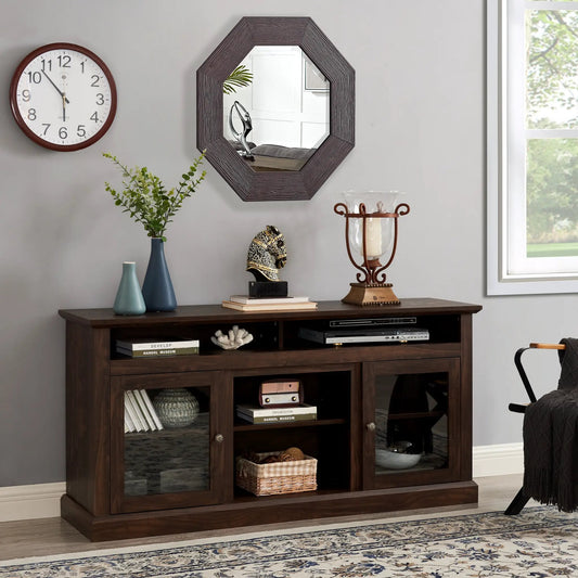 Contemporary brown wood TV stand with glass doors for 65 inch TV VIP Digital Presence on Tampa Home & Garden Store