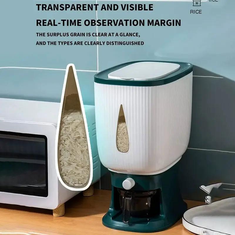 Rice Dispenser Storage Container with Lid 10kg, white ribbed body, teal lid and viewing window on Tampa Home & Garden Store