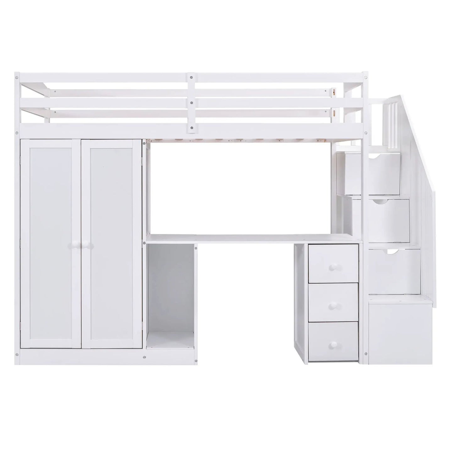 Twin loft bed with wardrobe and staircase desk, pine frame in white finish on Tampa Home & Garden Store