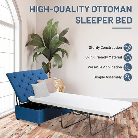 DirectDeals folding ottoman sleeper bed with mattress in blue upholstery, fully extended on Tampa Home & Garden Store
