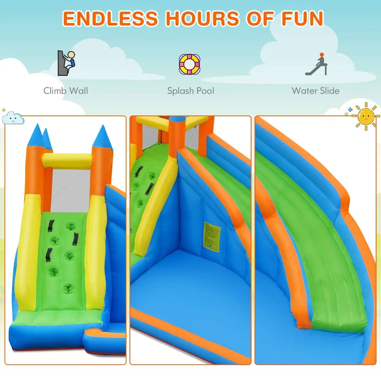 Inflatable Bounce House Jumper with Water Slide three-panel view in blue, orange, green, yellow on Tampa Home & Garden Store