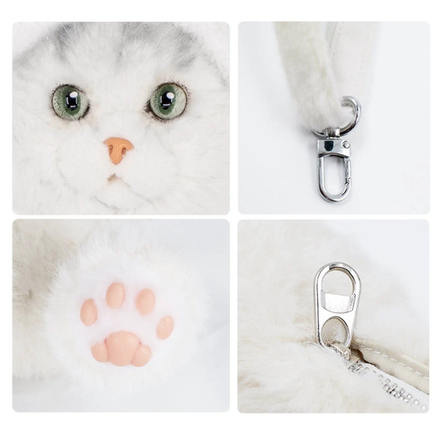 White Short Hair Cat Backpack Plush 2 in 1 with green eyes and silver hardware by Chongker on Tampa Home & Garden Store