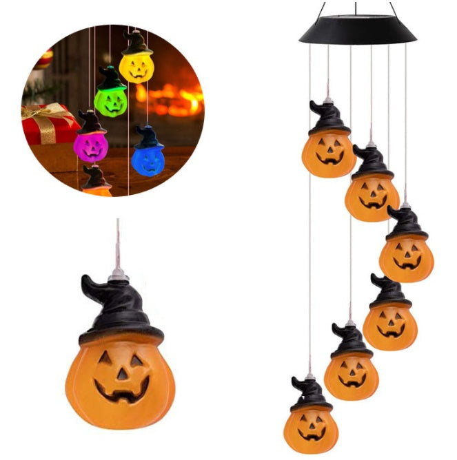 Outdoor Solar Wind Chime Lamp with six orange pumpkin lanterns on cords, Sell My Stuff lights on Tampa Home & Garden Store
