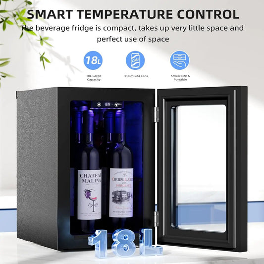 Kismile freestanding wine fridge, black glass-door cabinet, blue LED interior, 4-bottle capacity on Tampa Home & Garden Store