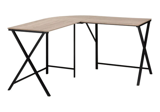 L-shaped corner computer desk with oak veneer top and black metal X-frame legs on Tampa Home & Garden Store