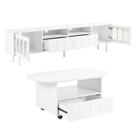 On Trend cream TV stand and white coffee table set with open shelves and arched doors on Tampa Home & Garden Store