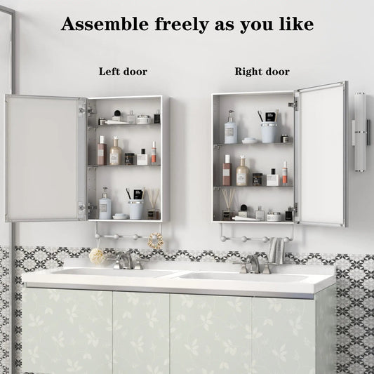 Two silver wall-mounted medicine cabinets with left and right doors open, adjustable shelves on Tampa Home & Garden Store