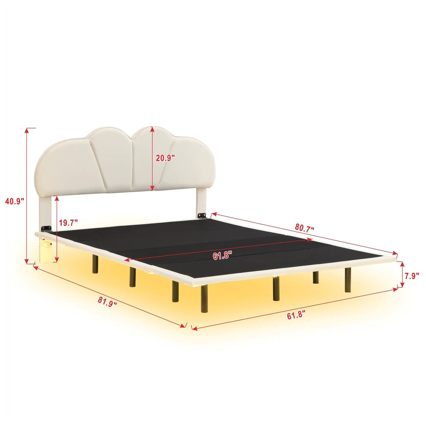 Queen Size LED Floating Bed with White PU scalloped headboard and black platform bed frame on Tampa Home & Garden Store