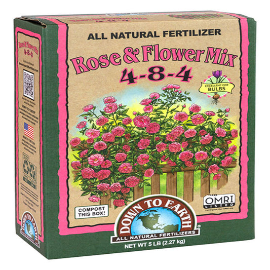 Down To Earth Rose & Flower Mix 4-8-4 fertilizer box with rose image Rivendell Distribution on Tampa Home & Garden Store