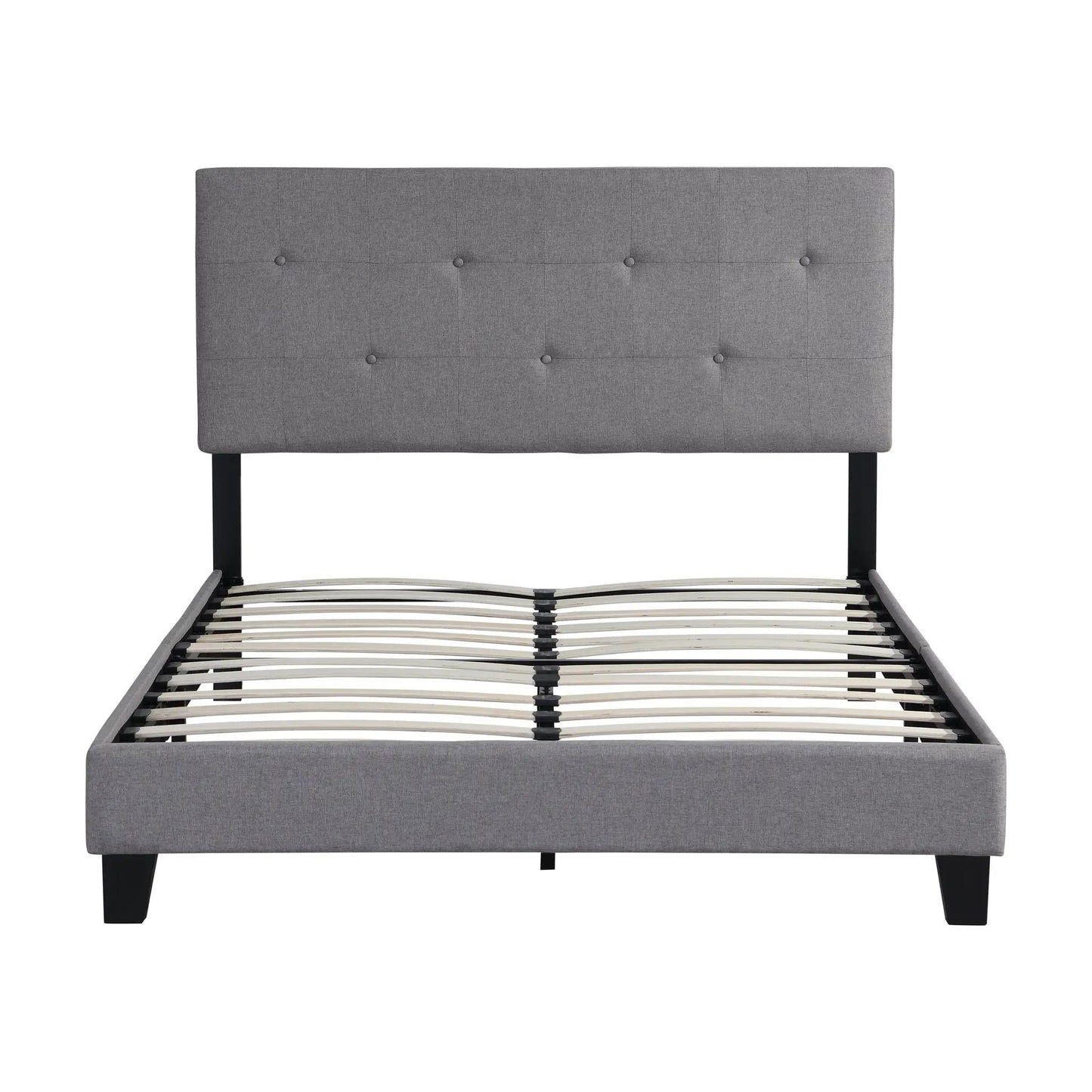 Base de cama tapizada de tamaño completo con cabecero moderno de tela de lino capitoné gris