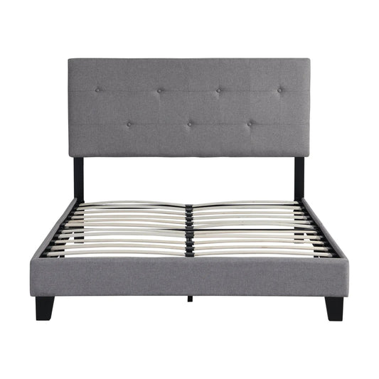 Full size upholstered platform bed with tufted grey headboard and black legs; slatted frame on Tampa Home & Garden Store