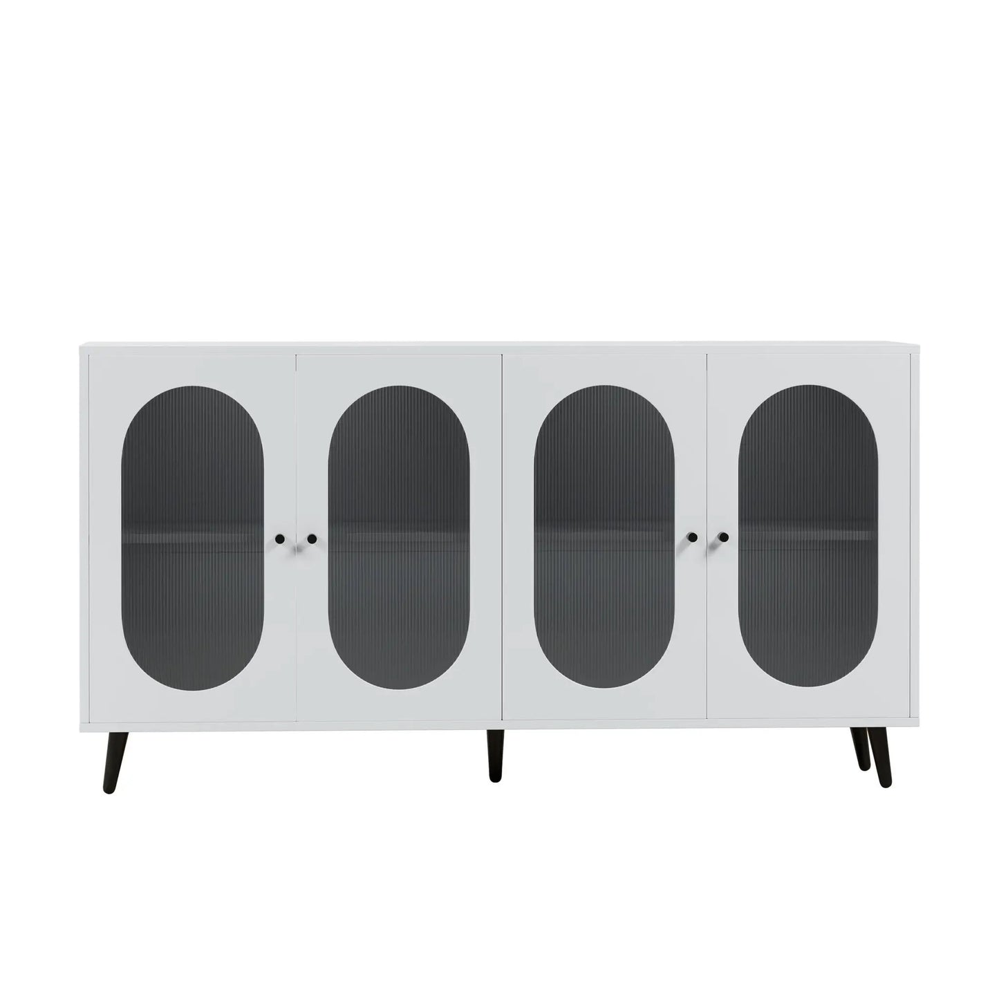 Freestanding sideboard cabinet with acrylic arched doors, white, black knobs, tapered legs on Tampa Home & Garden Store