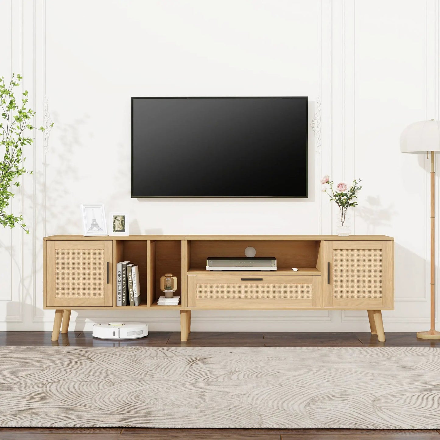 Rattan TV stand with 2 cabinets and 2 open shelves, light wood frame and rattan cabinet doors on Tampa Home & Garden Store