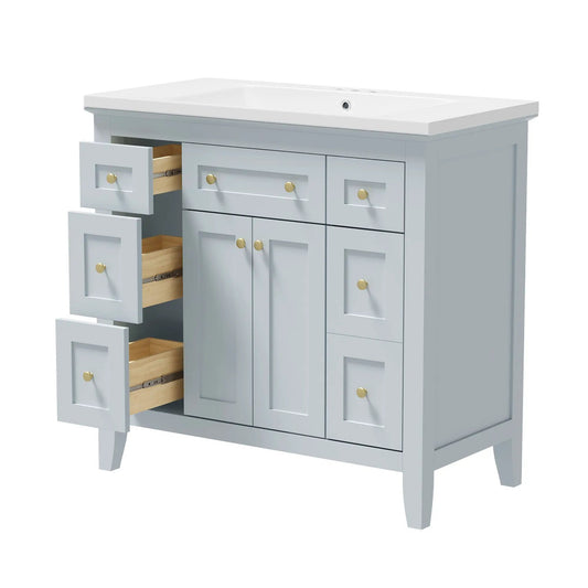 36 Inch Bath Vanity with Resin Sink in light blue, featuring multiple drawers with gold knobs on Tampa Home & Garden Store