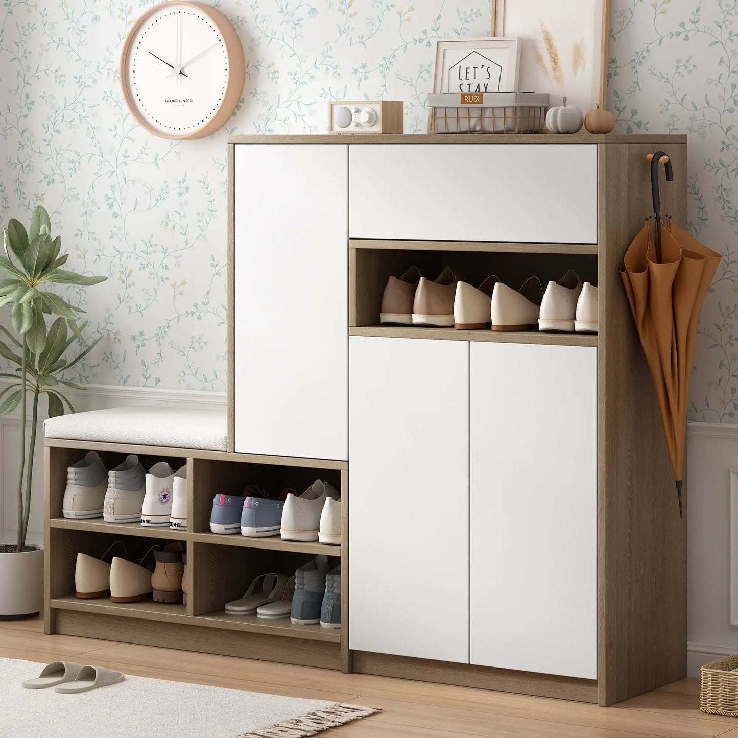 On-Trend 2-in-1 shoe storage bench and cabinet with wood frame and white doors, open shoe shelves on Tampa Home & Garden Store