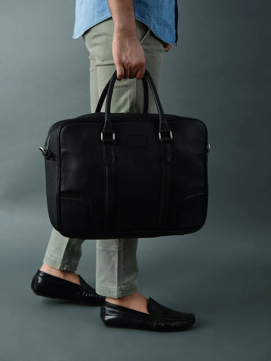 Texas Black Full Grain Buffalo Leather Briefcase by Classy Leather Bags with dual top handles on Tampa Home & Garden Store